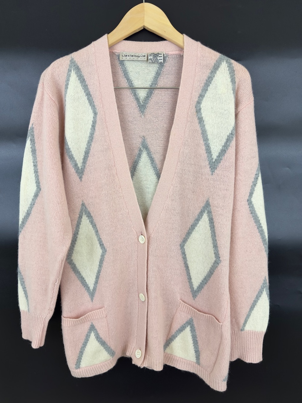 Vintage Liz Claiborne Angora Lambswool Pink Argyle Cardigan Small